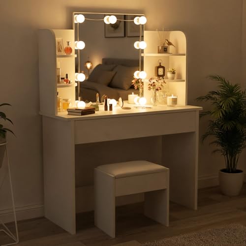 Juskys® Schminktisch Bella mit LED Beleuchtung, Spiegel, Schublade & 4 Ablagefächern - 108 x 40 x 140 cm - Holz - Weiß - Kosmetiktisch Frisiertisch