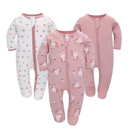 Neugeborenes Baby Jungen Mädchen Strampler mit Fuß Baby Schlafanzug Einteilige Lange Ärmel Overall Säuglings Frühling Herbst Body, 3er-Pack (Rosa, 3-6M)
