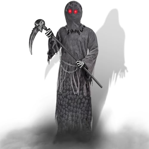 Ulikey Sensenmann Kostüm Erwachsene, Halloween Kostüm Sensenmann Robe Set mit Umhang, Kapuze mit Rot Leuchtenden Augen, Handschuhen, Sense, Scream Geisterkostüm für Halloween Karneval Cosplay