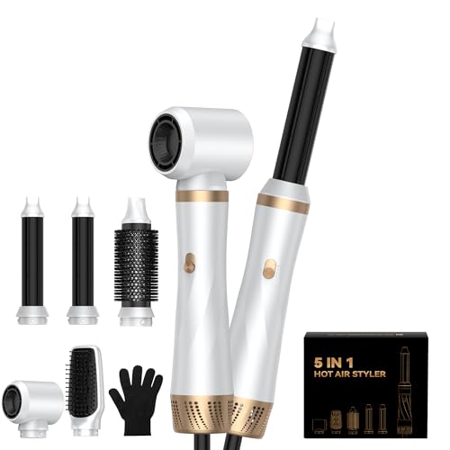 Hairstyler 5 in 1 mit Warmluftbürste, Professionelle Föhnbürste, Rundbürste, Lockenstab & Glättebürste in 1000W Leistung & 3 temperaturstufen für Volumen, Glänzendes Haar, Locken & schonendes Föhnen