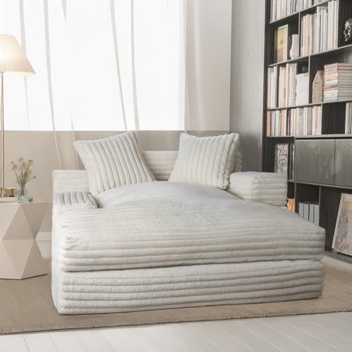 Fuffory Schlafsofa Couch Cord Schlafsessel Big Sofa Bett Sessel mit Schlaffunktion, 135 * 152 * 80cm Chaiselongue Polstersofa mit 2 Zierkissen Bubble Eckcouch für Wohnzimmer und Schlafzimmer Beige