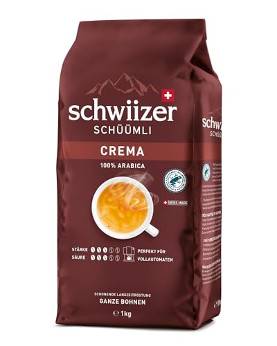 Schwiizer Schüümli Crema, 100 Prozent Arabica Kaffeebohnen, aromatisch-intensiv, für Vollautomaten, Stärke 3/5, mittlere Röstung, Rainforest Alliance-zertifiziert, 1kg