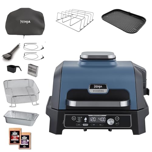Ninja Woodfire Pro Connect XL Elektrischer BBQ Smoker Grill, App-Steuerung, digitaler Temperaturfühler, Rippenrost, Deckel, großer 7-in-1 Outdoor Grill & Heißluftfritteuse, blau & schwarz OG901EUAMZ