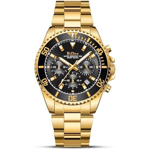 BIDEN Herren-Armbanduhr, Chronograph, Edelstahl, wasserdicht, Datum, analog, Quarzuhr, Business, Freizeit, Mode, Armbanduhren für Herren, Gold, Schwarz, C, Armband