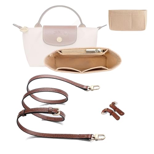 Taschen-Organizer & Schultergurt für Longchamp Mini, Filz Geldbörsen-Organizer mit Mehreren Taschen, No-Punch Längenverstellbarer Schultergurt für Longchamp Mini Kleine Tragetasche (Beige&Braun)