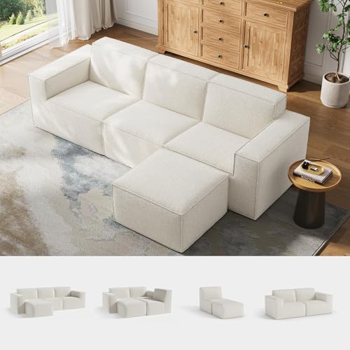 LINSY HOME Ecksofa mit Schlaffunktion - 266cm Modulares Schlafsofa, L Form Couch, Sofa 3 Sitzer mit Ottomane, Sektionssofas für Wohnzimmer, Keine Montage erforderlich, Beige