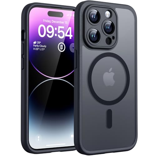 TOCOL für iPhone 14 Pro Hülle für Magsafe, Vollständiger Kameraschutz Stoßfest Kratzfest Transluzente Rückseite Magnetisch Handyhülle für iPhone 14 Pro Case, Schwarz