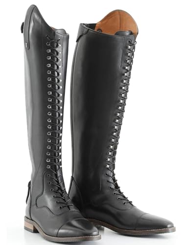 WEHAM Schwarz,40,Reitstiefel für Damen und Herren, Retro-Schnürstiefel aus PU-Leder, lange Reitstiefel für Anfänger