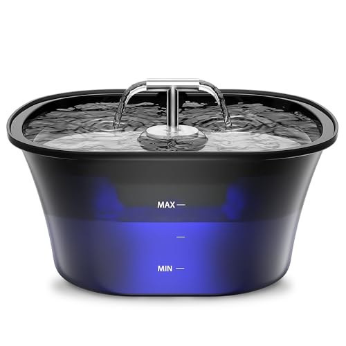 BalimoPet Katzenbrunnen, Trinkbrunnen für Katze 2,5L, Ultra leise Wasserbrunnen für Katzen, Eingebautes LED und Aktivkohlefilter, Leicht zu Reinigen, Doppelauslauf-Design Edelstahl Trinktablett