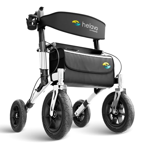 Helavo Rollator mit Pannensicheren Vollgummireifen für Draußen - Faltbarer Aluminium Outdoor-Rollator mit Sitz - Maximale Mobilität & Komfort im Außenbereich