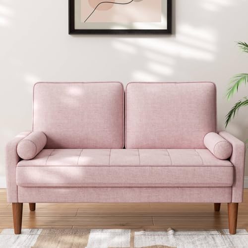 Sofa 2 Sitzer, Modernes 2er Sofa mit 2 Wurfkissen, Kleine Stoffcouch mit Armlehne, Mini Sofa für Wohnzimmer/Wohnung/Büro, Einfache Montage, Rosa, 121 x 77 x 87CM
