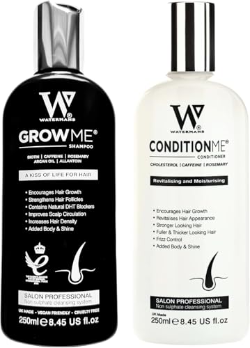 Haarwuchs Shampoo, Haarwuchs-Conditioner Watermans, Biotin, Arganöl, Allantoin, Rosmarin, Niacinamid B3, Lupinenprotein mit vielen anderen Vitaminen für das Haarwachstum.