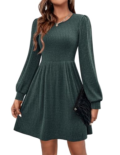 Hotouch Herbst Kleider Damen Strickkleid Langarm Kleid Rundhals Herbstkleid Puff Leicht Winterkleid A Linie Pulloverkleid Knielang Freizeitkleid mit Taschen Grün L