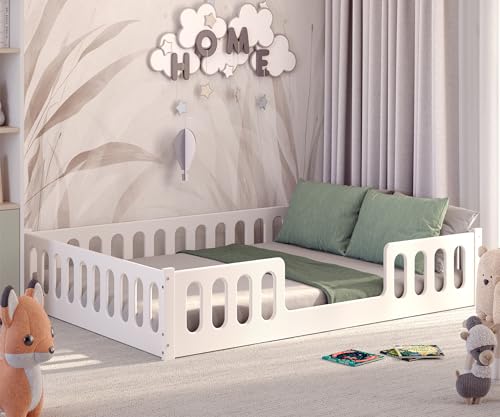 CADANI Monte 2in1 Bodenbett 140x200 cm Montessori Kinderbett Rausfallschutz abnehmbar - weiß, 46 kg schwer, bis 200 kg belastbar, extra starker Roll-Lattenrost, umbaubar