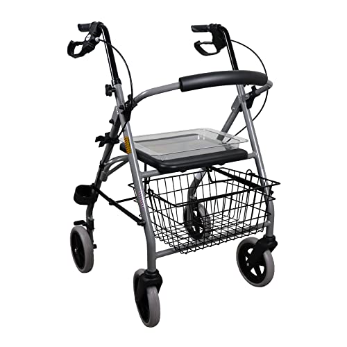 Drive Medical Rollator GIGO aus Aluminium I Reiserollator klappbar, inkl. Korb, Sitztablett & Stockhalter I Gepolsterte Rückenlehne, ergonomische Griffe & Bremsen I belastbar bis zu 120kg