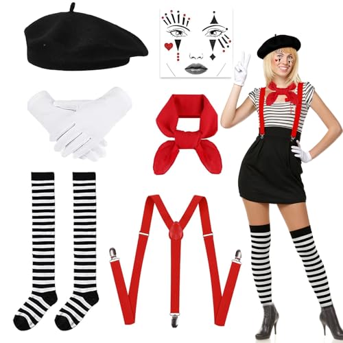 LIULINY 6 Stück Pantomime Kostüm, Pantomime Kostüm Damen mit Baskenmütze Schal Handschuhe Tattoo Socken und Hosenträger, Schwarzweiß Schwarze Pantomimes, für Weihnachten Fasching Cosplay Party