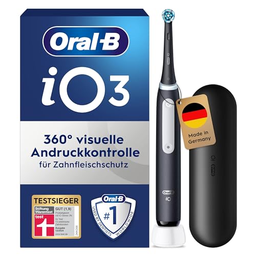 Oral-B iO Series 3 Elektrische Zahnbürste — Electric Toothbrush, Inkl. 1 Aufsteckbürste, Reise-Etui — 3 Putzmodi für Zahnpflege, Designed by Braun, TESTSIEGER Stiftung Warentest (12/2024), Schwarz
