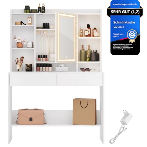 VASAGLE Schminktisch mit LED-Beleuchtung, 3 Farben mit Einstellbarer Helligkeit, Frisiertisch mit Spiegel, Kosmetiktisch mit verstellbaren Ablagen, 2 Schubladen, modern, weiß RDT123T14