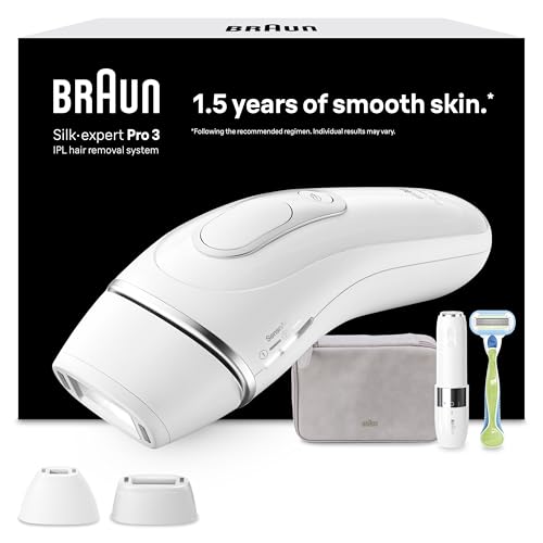 Braun IPL Silk·expert Pro 3 – IPL Geräte Haarentfernung, Dauerhafte und Schmerzfreie Haarentfernung für Zuhause – inkl. Etui, Venus Rasierer, 2 Aufsätze, Designed In Germany – PL3136, Weiß/Silber