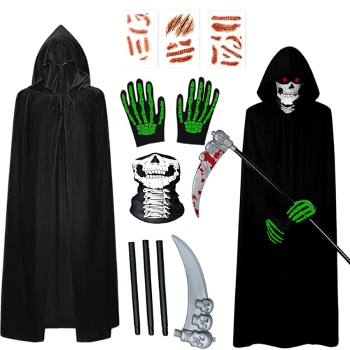 AXERHK Sensenmann Kostüm Herren, Halloween Kostüm Herren, 7 Stück Halloween Set mit Umhang, Kapuze, Handschuhen, Sense und Tattoos, Ideal für Halloween Party, Karneval und Cosplay