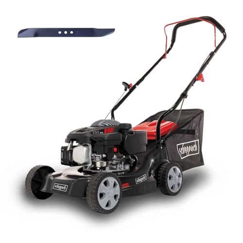 Scheppach Benzin Rasenmäher MP132-40 mit 40cm Schnittbreite | Leistung 3,3PS / 2,4kW | 3-fache Schnitthöhenverstellung | 35 Liter Fangkorb | geeignet bis 600 m² | große Laufräder | inkl. Ersatzmesser