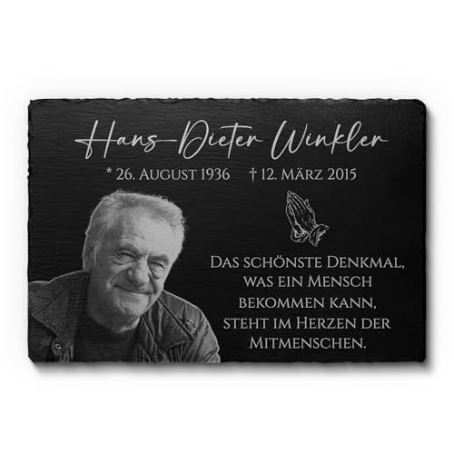 Schiefer Grabplatte mit Gravur - Grabstein wetterfest imprägniert für Urnengrab - Gedenktafel mit Foto & riesen Motiv Auswahl Mensch - Grabdeko Gedenkstein Grab - Größe: 30x20 cm - Beerdigung Geschenk