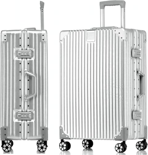 yuweijie Handgepäck Koffer&Trolleys Alurahmen Hartschalen in 100% Polycarbonat,Reisekoffer mit 4 Rollen,Größ Koffer,TSA-Schloss (S, Silber, 55cm, 35L)
