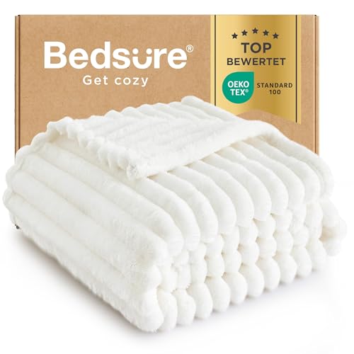 BEDSURE Kuscheldecke - Wolldecke & Fleecedecke, Sofadecke, Weiche Warme Grobe Korddecke für Zimmer Deko, Wohn- & Kuscheldecken, Tagesdecke, Wollweiß, 150 x 200 cm