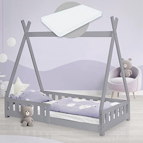 ML-Design Kinderbett Tipi 80x160 cm Hellgrau mit Matratze, Rausfallschutz & Lattenrost, aus Kiefernholz, Indianer Bett für Mädchen & Jungen, Hausbett mit Zaun, Bodenbett Jugendbett Spielbett Holzbett