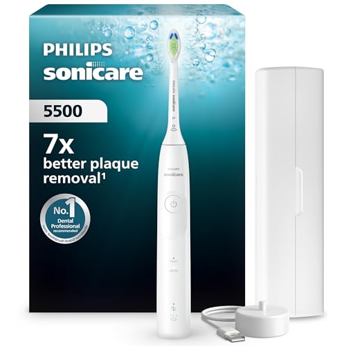 Philips Sonicare 5500 elektrische Zahnbürste, Schallzahnbürste mit 2 Putzmodi, Andruckkontrolle, EasyStart, SmarTimer und BrushPacer, Weiß, Modell HX7110/02 [Neue Technologie]