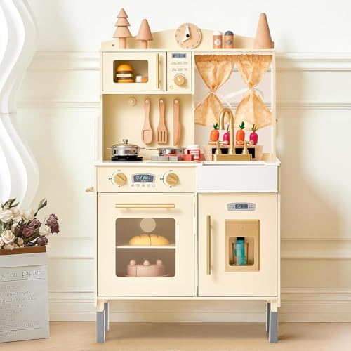 Giant bean KinderKüche Holz Spielküche für Kinder, Ausgestattet mit Mikrowelle, Waschbecken,Eismaschine,Ofen,Kochgeschirr, Küchenzubehör, Rollenspiel-Essensspielzeug für Jungen und Mädchen ab 3 Jahren