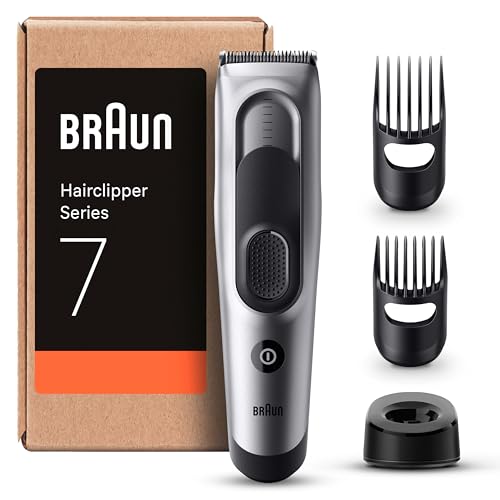 Braun Haarschneider Series 7, Haarschneidemaschine und Rasierapparat für Herren, Haartrimmer mit Ultrascharfe Klingen, 17 Längen, 2 Kammaufsätze, 50 Min. Akku, Abwaschbar, HC7390, Grau