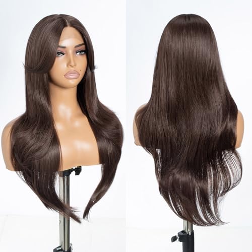 Style Icon Braune Vorhang-Perücke, HD, Lace-Front-Perücke, 66 cm lang, mehrschichtige Perücke, synthetische Lace-Front-Perücke, 33 x 12,7 x 2,5 cm, T-Teil-Perücke für den täglichen Gebrauch