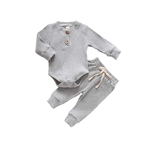 Neugeborene Unisex 2 Stück Baby Kleidung Junge Mädchen Solid Button Bodysuit Strampler Langarm Tops Kordelzug Hosen Strick Outfit (Grau,0-3 Monate)