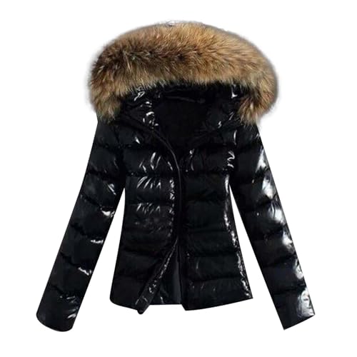 Glänzende Daunenjacke Damen - Kunstpelz Winterjacke Verdickte Daunenmantel Mit Fellkapuze Puffer Jacke Steppjacke Pufferjacke Warme Gesteppter Parka Dicke Outdoor Jacken Winter Mantel