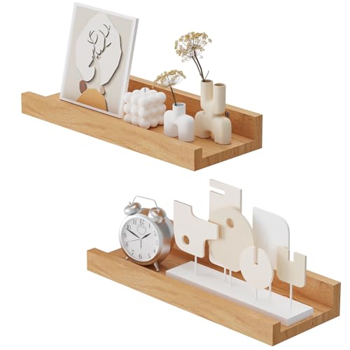 YheenLf Wandregal, 2er Set, 30x12cm Schweberegal Holz, Regalbrettmit für Fotorahmen und Dekos, für Wohnzimmer, Arbeitszimmer, Badezimmer, Küche, Holzfarbe