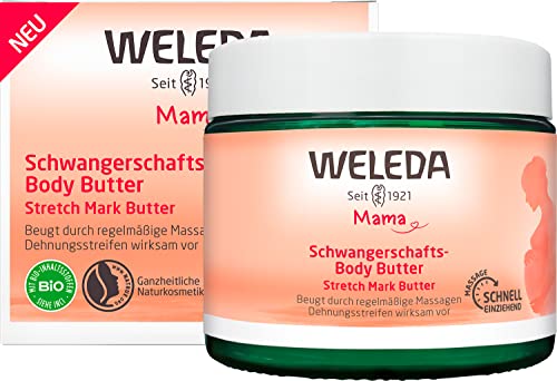 WELEDA Bio Mama Schwangerschaft Body Butter – vegane Naturkosmetik Babybauch Massage Körperbutter zur Dehnungsstreifen Vorbeugung. Hautpflege Körpercreme mit Sheabutter & Kakaobutter (1x 150ml)
