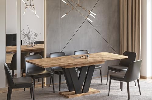 Endo-Moebel Esstisch Lara 130 cm auf 210 cm erweiterbar Säulen-Tisch Küchentisch Synchronauszug (Craft Eiche)