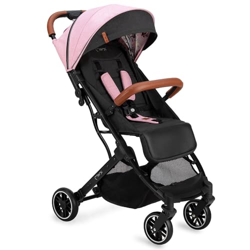 MoMi ESTELLE Kinderwagen ab 6. Monat (bis 15 kg), klappbarer Buggy mit 5-Punkt-Sicherheitsgurt, Einkaufskorb und Liegefunktion, Teleskop-Stange zum Ziehen, steht nach dem Zusammenklappen