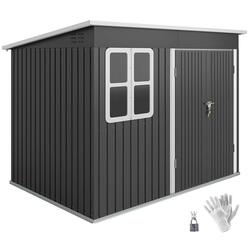 Outsunny Metall Gerätehaus 4,13 m² 260 x 177 x 190 cm Geräteschuppen mit Fenster Pultdach Abschließbarer Tür wetterfest Gartenhaus Outdoor Garten Schuppen Schrank für Hinterhof Außenbereich Dunkelgrau