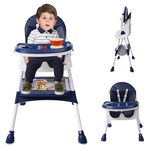 Kinderhochstuhl Hochstuhl Baby, 2-in-1 Klappbarer Baby Essstuhl mit Besteck, Klappbar Höhenverstellung Essstuhl Babys für Zuhause und Unterwegs, Kinder Essen Stuh ab 6-36 Monaten (Blau)