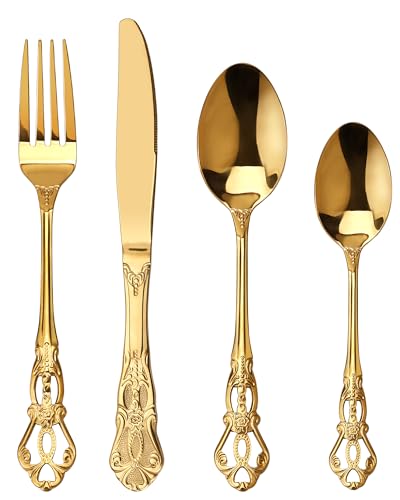 SHEUMNT Retro Gold Besteckset für 6 Personen, Wunderschönes 24-teiliges Edelstahlgeschirr, Service für 6 Personen, Utensilienset, Gabel, Löffel, Messer, antikes Barock-Besteckset