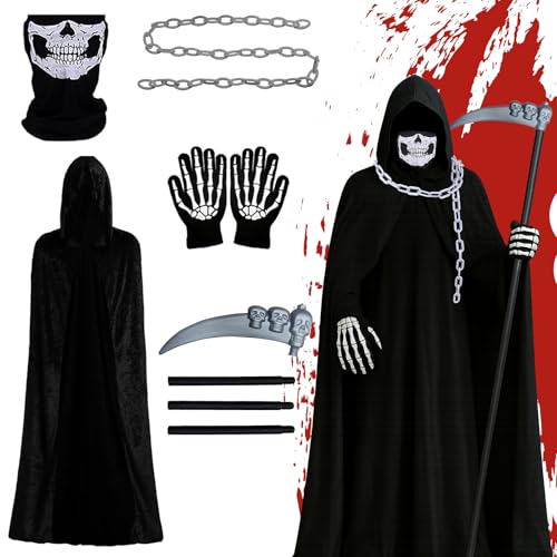 JOYEASE Halloween Kostüm Herren, Sensenmann Kostüm Herren mit Umhang Skeletonmask Handschuhe Sense Ketten, Gruseliges Halloween Männer Costume Erwachsene Cosplay Party Outfit