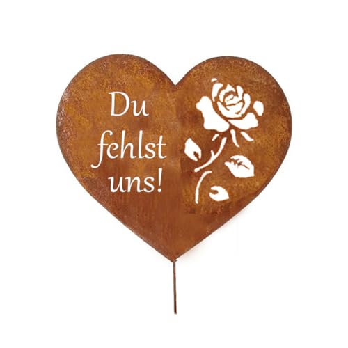 LB H&F Grabherz Rostherz Herz Trauerdekoration Grabschmuck Rost Grabrose Rose - Du fehlst Uns - Metall für Gestecke - Grab zum stecken - witterungs frostbeständig (Herz Flügel)