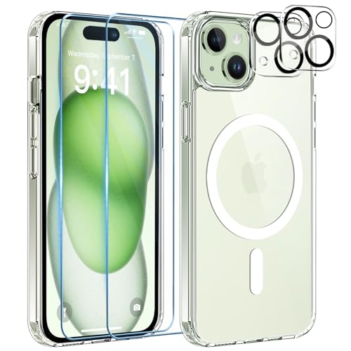 YisrLery 5-in-1 Kompatibel mit iPhone 15 Hülle für Mag Safe mit 2 Stück Schutzfolie und 2 Stück Kameraschutz Militärnorm Schutz, PC Kratzresistente Rückseite Stoßfest Magnetische Hülle - Klar