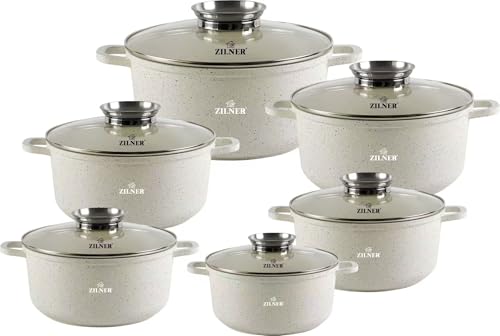 Zilner Topfset - Kochtopf set 12-teilig - Marmorbeschichtung und Keramikbeschichtung - mit Glasdeckeln - für alle Herdarten - Grau