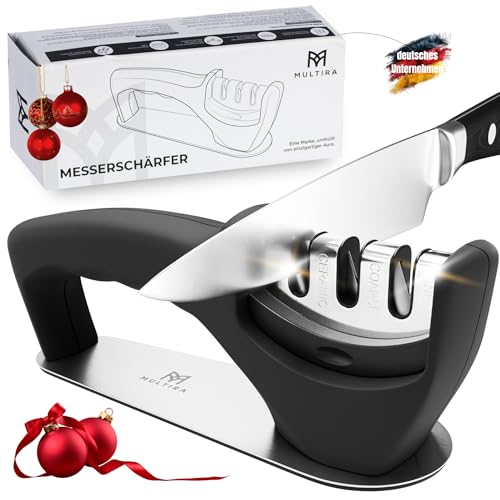 Messerschärfer | Messerschleifer 3-Stufen für Küchenmesser, Stahl- und Keramikklingen | rutschfeste Silikonunterlage | Schärfkopf herausnehmbar | für Haushalt und Profis | ergonomischer Griff |