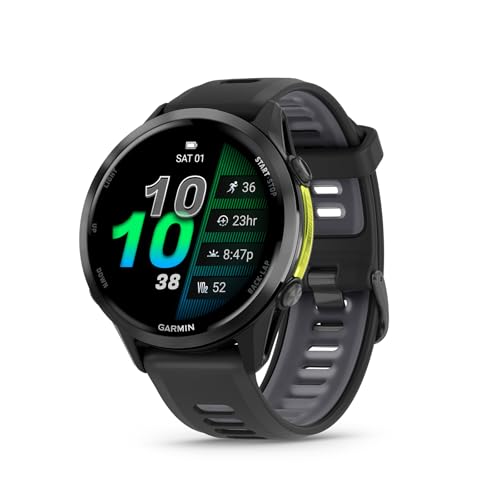 Garmin® Forerunner® 970 Premium GPS-Lauf- und Triathlon-Smartwatch, AMOLED-Display, integrierte LED-Taschenlampe, Carbongrau DLC Titan mit schwarzem Gehäuse und schwarz-durchscheinendem Weißstein-Band