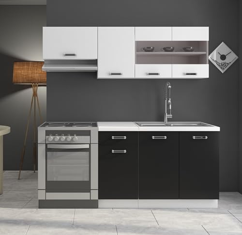 Kuechen-preisbombe Küche Omega Mini 180 cm Küchenzeile Küchenblock Singleküche Schwarz Weiss