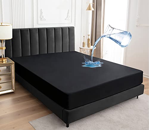 Wasserdichter Matratzenschoner 160x200cm Spannbettlaken, Atmungsaktive Matratzenbezug wasserdicht Matratzen-Schutz Nässeschutz Spannbetttücher - Schwarz